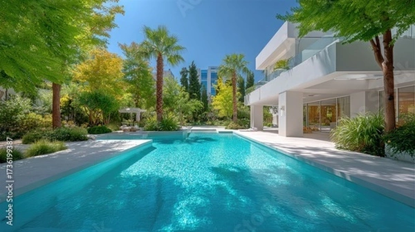 Fototapeta A sleek modern summer villa with white walls and floor-to-ceiling windows, overlooking a turquoise infinity pool, surrounded by palm trees, bright daylight