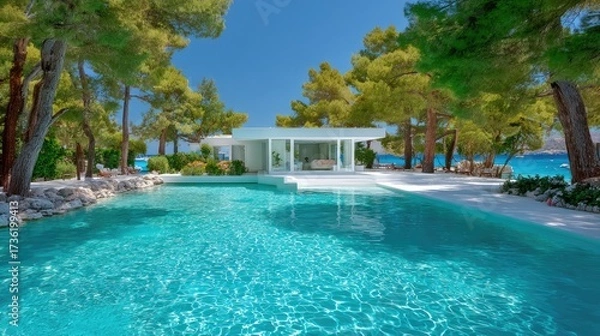 Fototapeta A sleek modern summer villa with white walls and floor-to-ceiling windows, overlooking a turquoise infinity pool, surrounded by palm trees, bright daylight