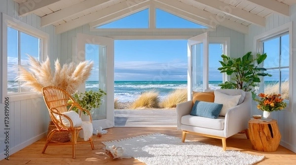 Fototapeta Minimalist summer house with open-plan living space, neutral-toned furniture, and large sliding glass doors leading to a wooden deck with ocean views