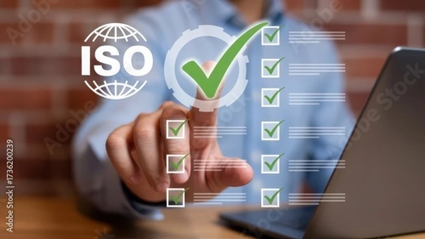 Fototapeta Hand selecting ISO certification checklist quality control standards compliance c