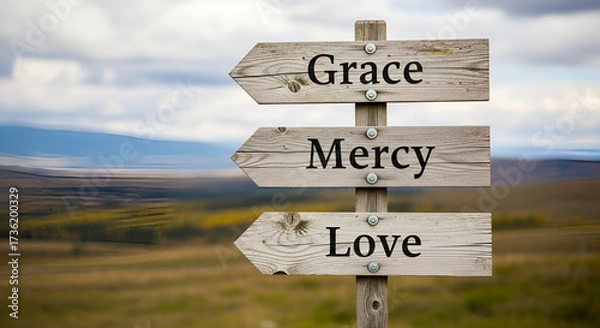 Obraz Wooden Signpost with Grace Mercy Love Arrows image
