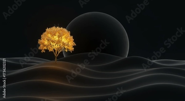 Fototapeta Golden trees on black with waves and spheres — modern luxury landscape mural