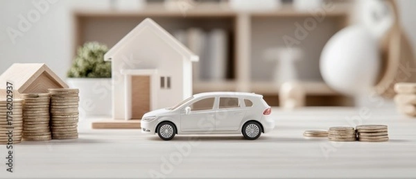 Obraz White toy car and miniature house with coin stacks, symbolizing property, auto finance, savings, and minimalist lifestyle investment.