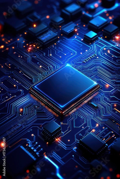 Obraz Close-up of a glowing blue circuit board with a central microchip, representing innovation, technology, and digital systems