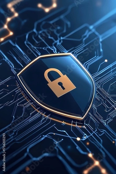 Obraz Digital shield with a golden padlock glowing on a futuristic circuit board, symbolizing data protection, cybersecurity, trust, and modern technology