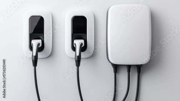 Obraz Electric vehicle charging station with cables plugged in, symbolizing green energy, clean transport, EV technology, sustainable mobility, and eco-friendly innovation.