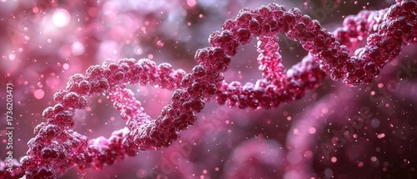 Fototapeta Red DNA chain glowing with light particles, symbolizing genetic science, biotechnology, and molecular research in a minimalist design
