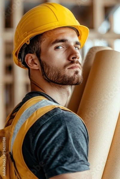 Obraz A determined engineer in a yellow helmet carrying blueprints, symbolizing construction, hard work, vision, and dedication in the engineering field