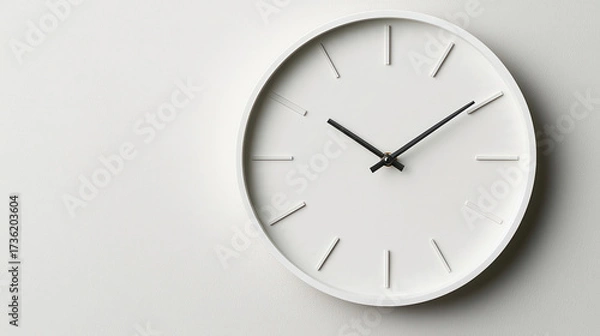 Fototapeta Minimalist white wall clock with black hands on plain background, symbolizing time management, schedule, punctuality, deadline, productivity, and modern lifestyle.
