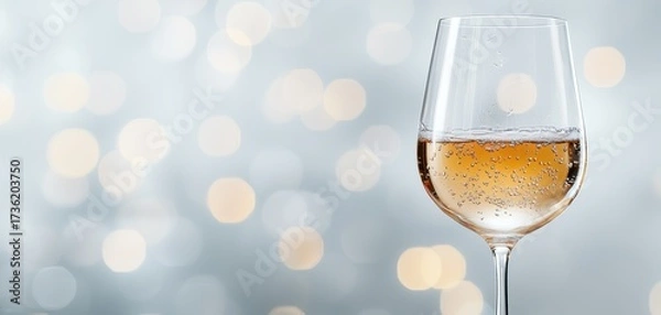 Fototapeta Glass of sparkling wine with bubbles against a bokeh light background, symbolizing celebration, joy, and modern elegance in minimalist style