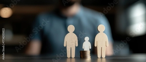 Fototapeta Wooden family figures standing with stacked coins, symbolizing security, saving, financial planning, and minimalist family lifestyle.