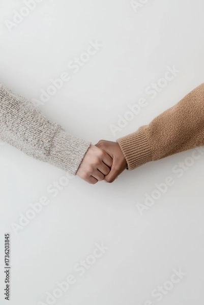 Fototapeta Two people holding hands in cozy sweaters, symbolizing unity, trust, connection, and warmth in minimalist style