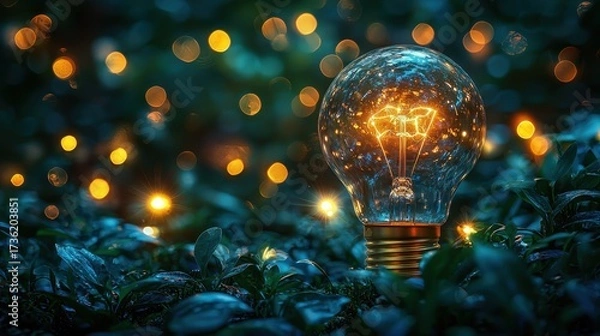 Fototapeta Illuminated glass lightbulb glowing in forest environment, symbolizing creativity, bright ideas, and inspiration in nature