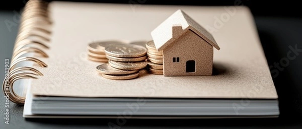 Fototapeta Miniature house with stacked coins on notebook, symbolizing savings, investment, financial planning, and minimalist economy concept