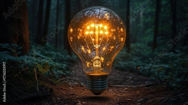 Fototapeta Glowing glass bulb radiates light in the middle of the forest, symbolizing creativity, inspiration, and the power of bright ideas within nature