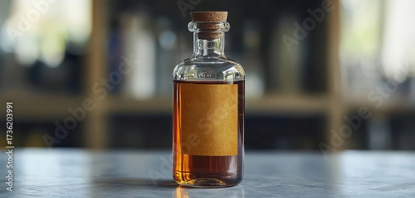 Obraz Glass bottle with cork filled with brown liquid on blurred background, representing herbal medicine, natural extract, organic drink, essential oil, and apothecary concept.