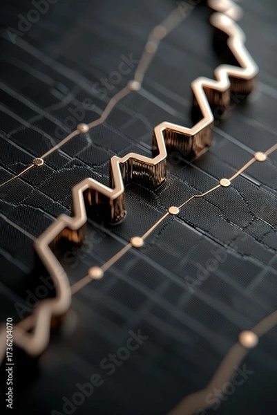 Obraz Golden 3D graph line rising on a black background, symbolizing finance, growth, data analysis, and success in a minimalist futuristic style