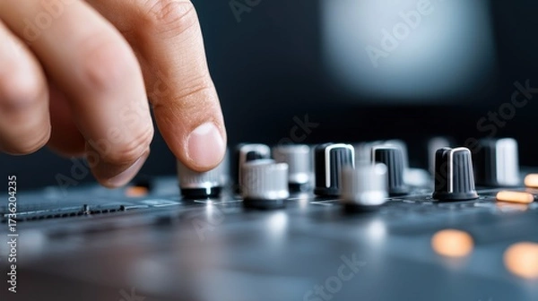 Obraz Human hand adjusting an audio mixer knob in a recording studio, symbolizing precision, creativity, and professional sound engineering in minimalist style