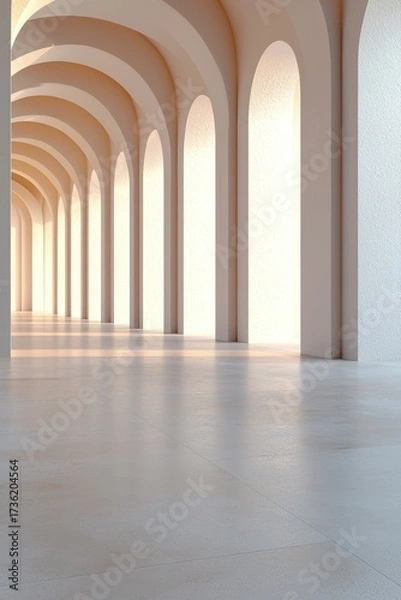 Obraz Sunlit minimalist hallway with repeating arches, casting soft shadows on a clean floor, symbolizing balance, symmetry, and modern architectural elegance