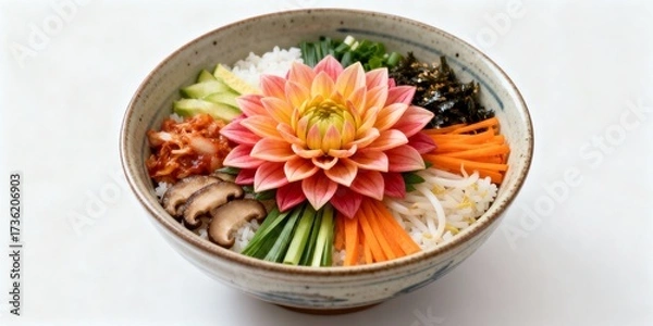 Fototapeta Bibimbap arranged like a dahlia in a traditional Korean ceramic bowl, isolated on white background