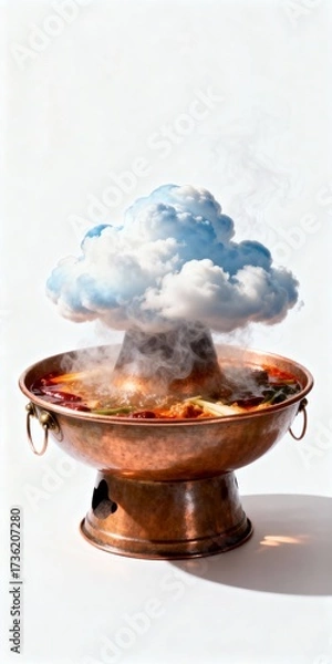 Fototapeta Vibrant hotpot with steam shaped like clouds, Asian culinary art merging food and sky aesthetics