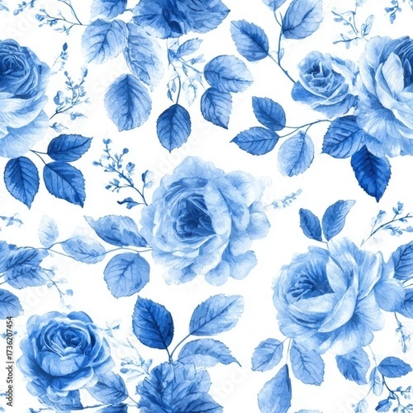 Fototapeta Seamless watercolor pattern featuring blue roses and botanical leaves on a white background, perfect for textiles and design.