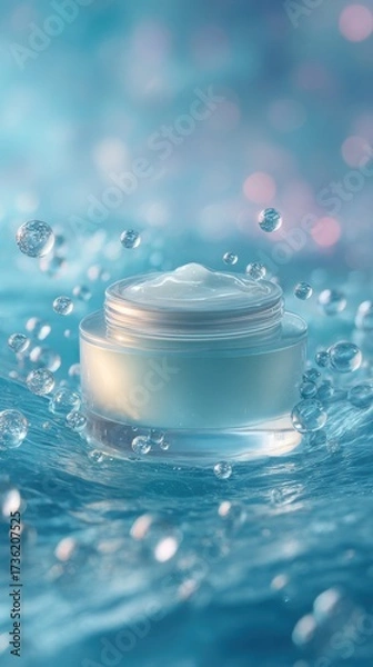 Fototapeta Glass jar of moisturizing face cream floating in water with air bubbles, creating a fresh and hydrating skincare concept.
