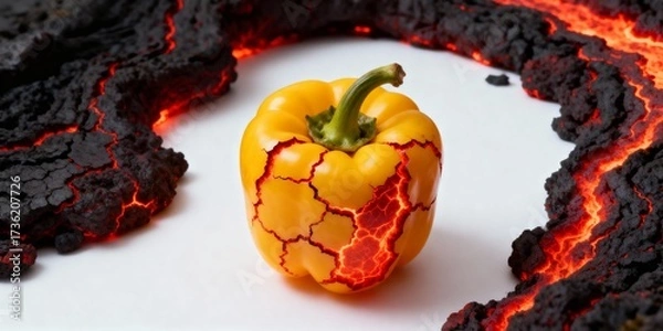 Fototapeta Yellow bell pepper with glowing red lava cracks, macro shot, culinary meets volcanic concept