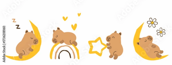 Fototapeta Cute capybara sleeping on moon and rainbow, holding star, decorated with daisy flower and hand drawn hearts, nursery clipart in warm yellow and brown vector.