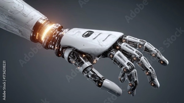 Obraz A robotic arm with a glowing wrist on a dark background.