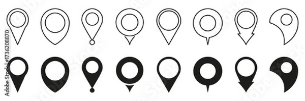 Fototapeta Map Location Pin Icon Set. Navigation And Geolocation Marker Outline And Solid Symbol Collection. Gps Positioning And Mapping Design Elements. Isolated Vector Illustration