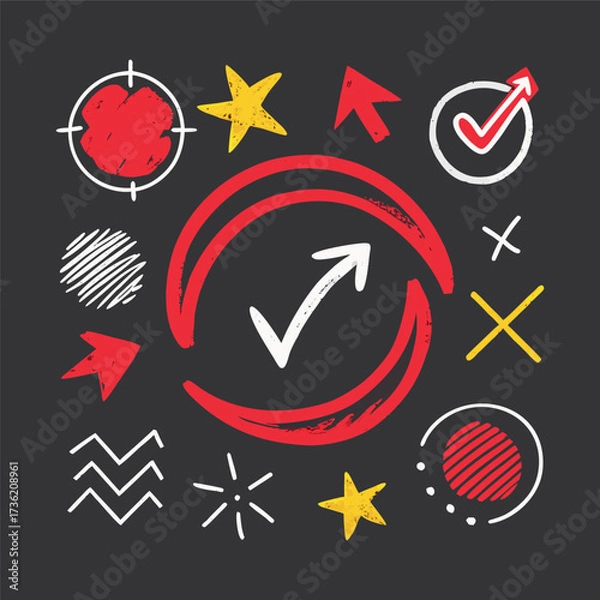 Fototapeta Hand-drawn doodle style colorful icons with circles, arrows, check marks, and symbols