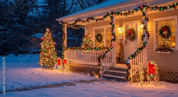 Fototapeta A cozy house porch decorated with colorful Christmas lights, garlands, and wreaths. The bright and festive display creates a welcoming holiday atmosphere in the snow.