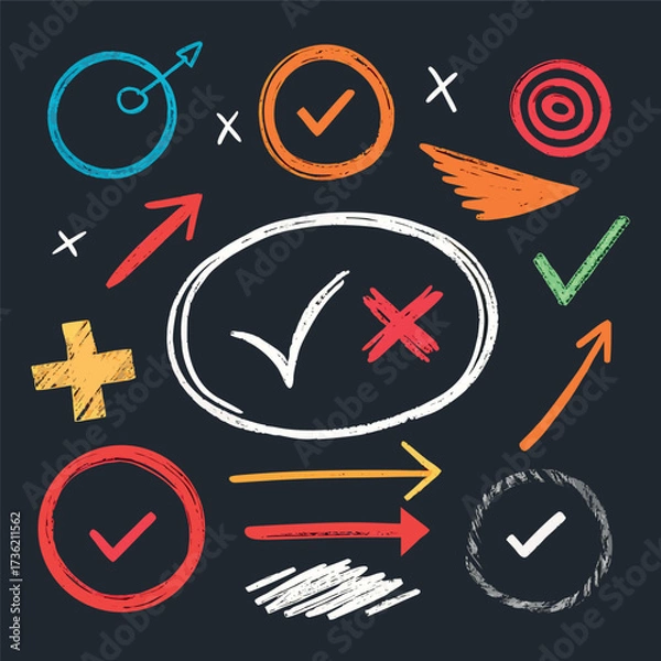 Fototapeta Hand-drawn doodle style colorful icons with circles, arrows, check marks, and symbols