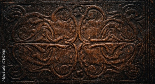 Fototapeta A macro detail of an ornate embossed pattern on old, dark brown leather. The vintage, weathered texture creates a rich background for themes of history, fantasy, or craft.
