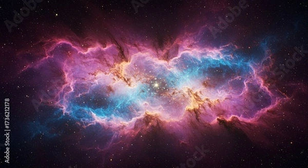 Fototapeta A vibrant and colorful nebula glowing in deep space, surrounded by a field of stars. This cosmic background represents the universe, astronomy, and the mystery of creation.
