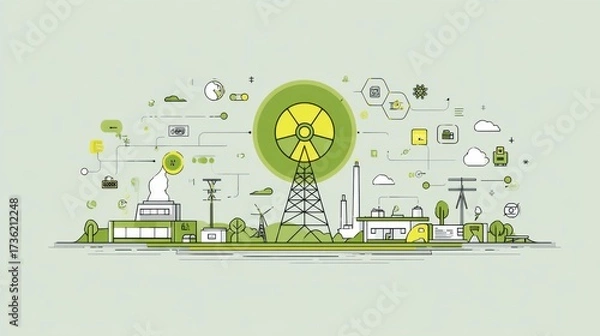 Fototapeta Nuclear energy infrastructure industrial site infographic graphic design aerial view renewable concepts for sustainable future