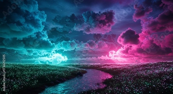 Fototapeta An enchanting fantasy world illuminated by glowing pink and turquoise clouds. A river winds through a meadow of bioluminescent flowers under a starry night sky.