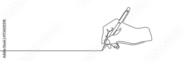 Fototapeta Continuous one line pen hand pencil write one art icon book journal sketch. Sign line pen hand vector signature letter notebook person background contract document single legal white school paper