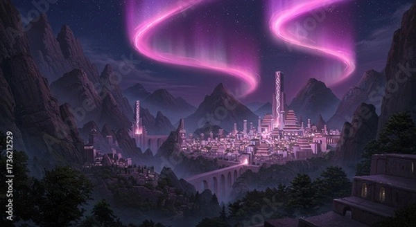 Fototapeta A magical fantasy city glowing at night, hidden in a mountain valley. A spectacular pink aurora dances in the starry sky above the mysterious, ancient architecture.