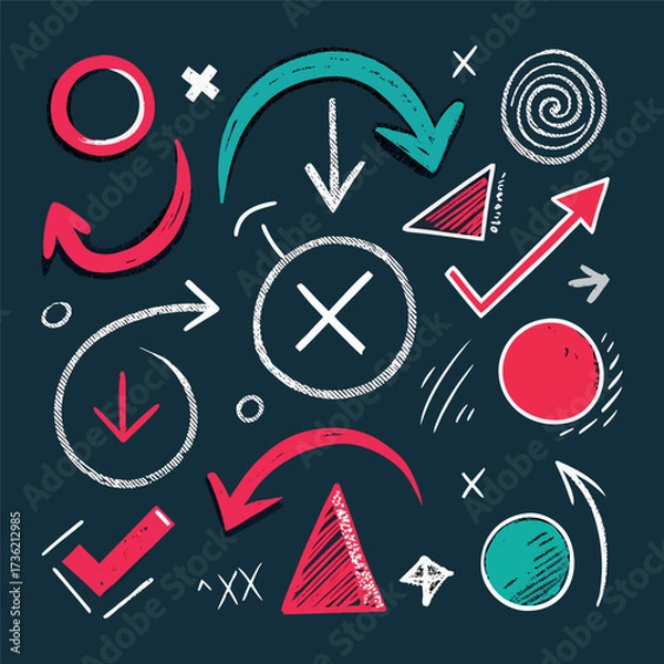 Fototapeta Hand-drawn doodle style colorful icons with circles, arrows, check marks, and symbols