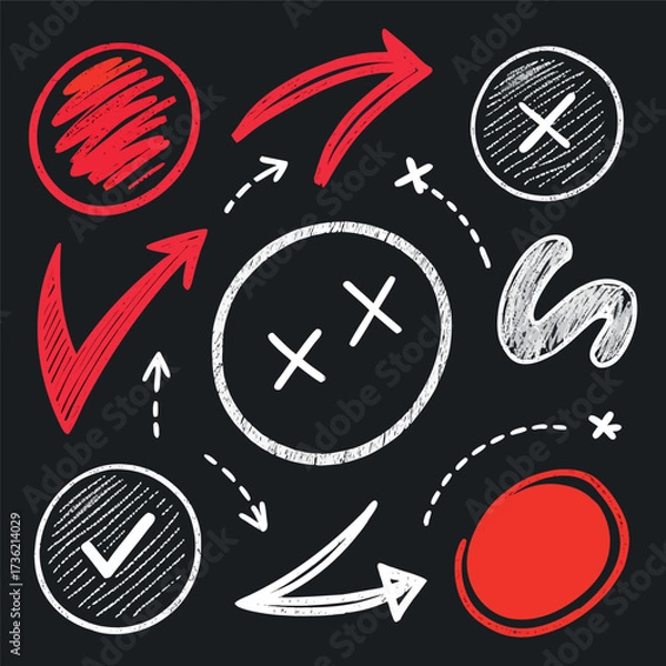 Fototapeta Hand-drawn doodle style colorful icons with circles, arrows, check marks, and symbols