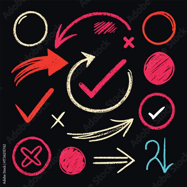 Fototapeta Hand-drawn doodle style colorful icons with circles, arrows, check marks, and symbols