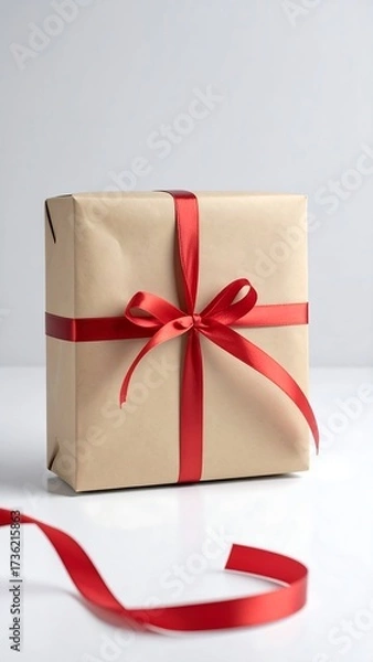 Obraz A beige gift box tied with red ribbon