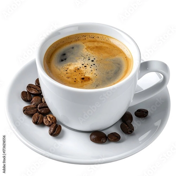 Fototapeta A cup of rich, dark coffee on a white saucer, with coffee beans scattered around