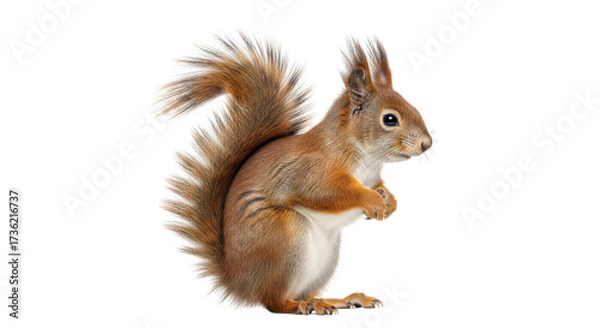 Obraz Isolated Squirrel in profile, standing with clasped hands, fluffy tail, upright pose