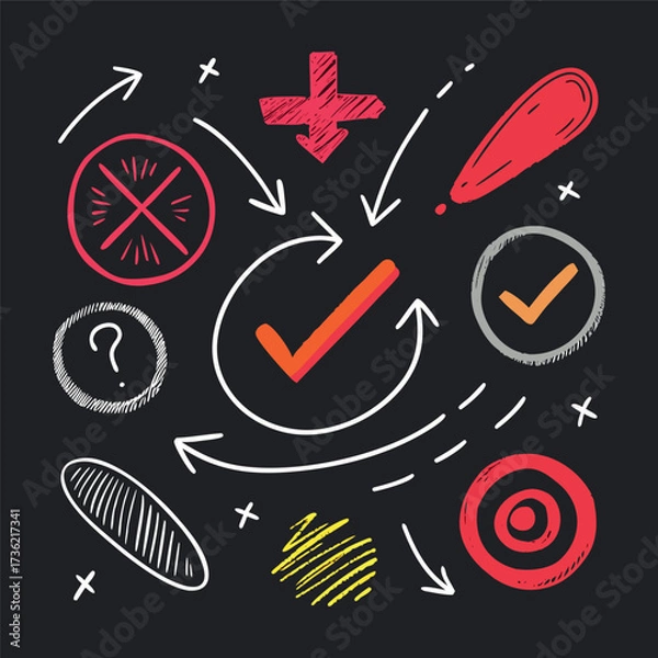 Fototapeta Hand-drawn doodle style colorful icons with circles, arrows, check marks, and symbols