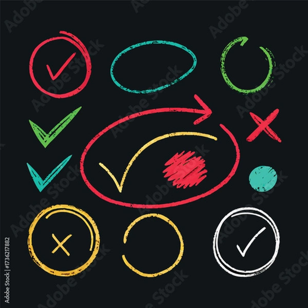Fototapeta Hand-drawn doodle style colorful icons with circles, arrows, check marks, and symbols