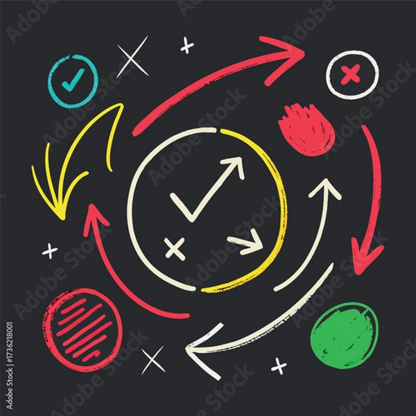 Fototapeta Hand-drawn doodle style colorful icons with circles, arrows, check marks, and symbols