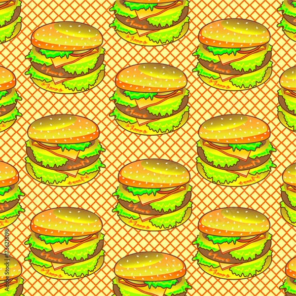 Fototapeta Burger pattern background. Colorful cartoon burger pattern illustration. Seamless pattern burger isolated on waffle background. Cheeseburger or humberger pattern. Fast food illustration.